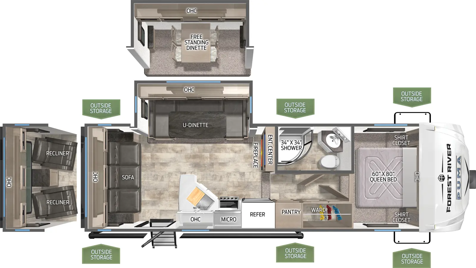 The Puma 253FBS floorplan has one entry and one slide out. Exterior features include: metal exterior and 17' awning. Interiors features include: free-standing dinette option, u-dinette, front bedroom and rear living.